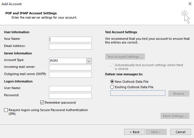 Microsoft Outlook account settings page