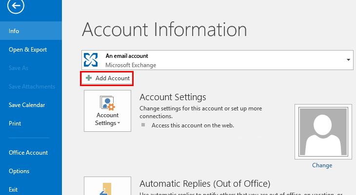 Microsoft Outlook 2016 Account Information Page