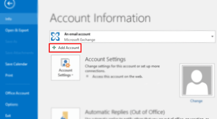 Add an account highlighted in Microsoft Outlook 2016