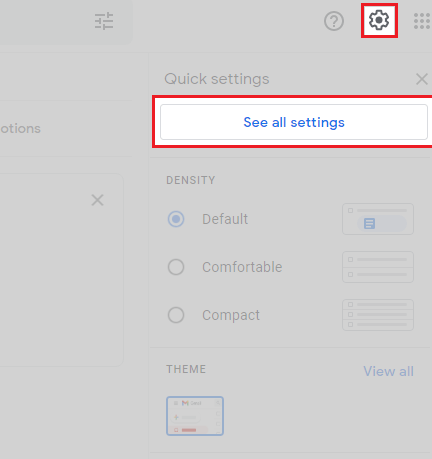 Gmail quick settings area with see all settings highlighted