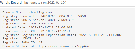 zzHosting WHOIS record